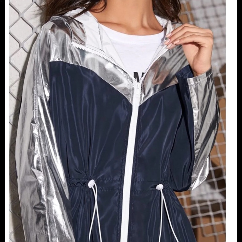 Navy & Silver Drawstring Waist Hooded Windbreaker - Picture 6 of 12
